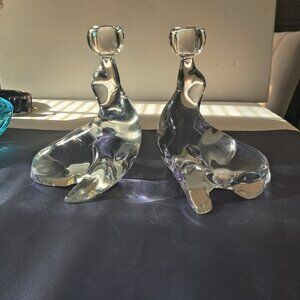 Viking Clear Glass Seal Candleholders. MCM, Looks like an Ice Sculpture 7 1/2 in
